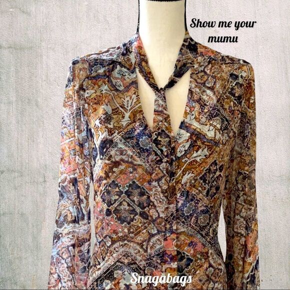 SHOW ME YOUR MUMU NWT BLOUSE TOP TIE NECK SHEER BELL SLEEVES SIZE X SMALL - Picture 3 of 7